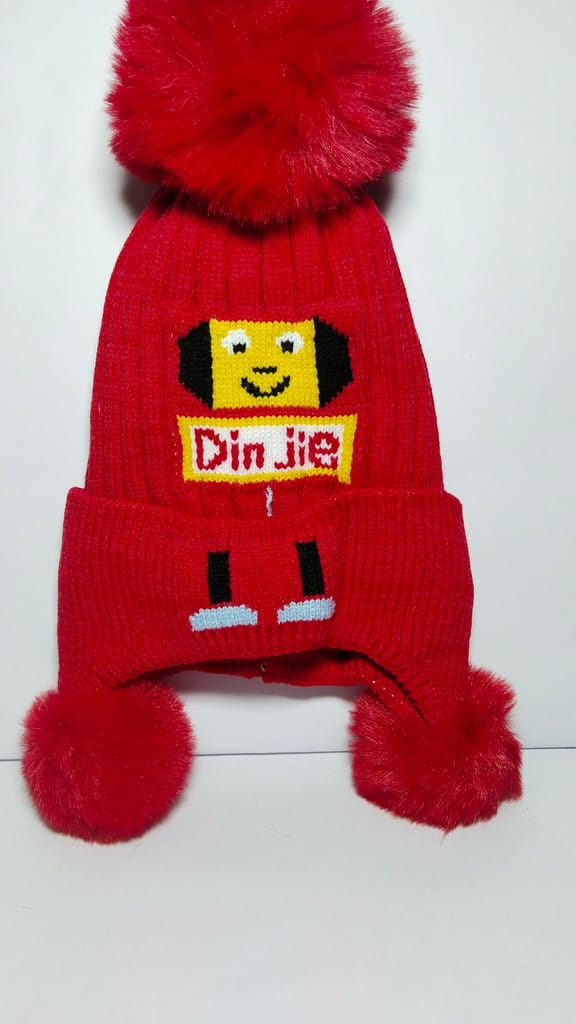 Red Winter Hat with Cute Cartoon Animal Design and Pom Poms