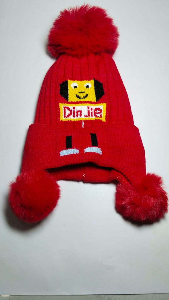 Red Winter Hat with Cute Cartoon Animal Design and Pom Poms