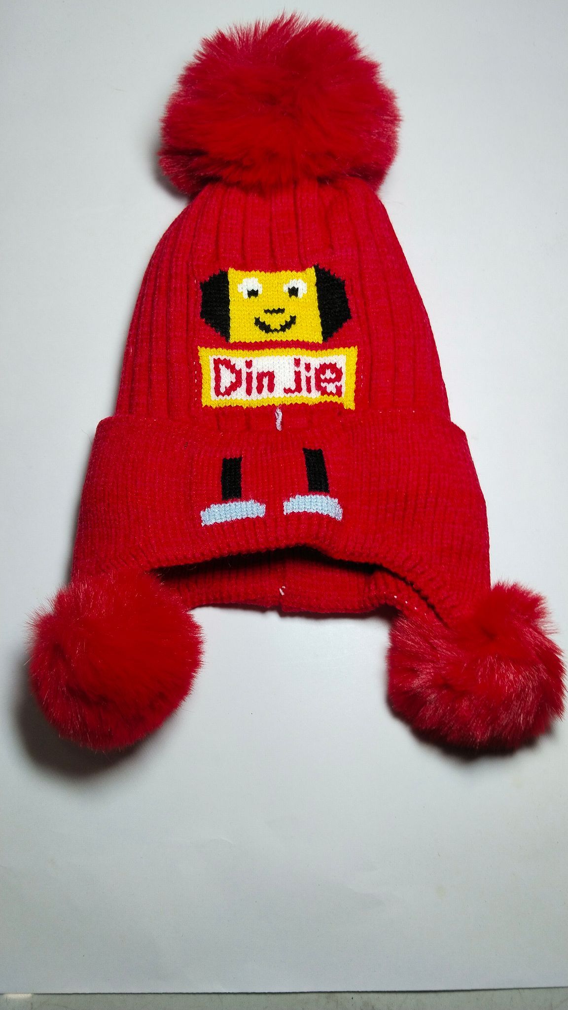 Red Winter Hat with Cute Cartoon Animal Design and Pom Poms