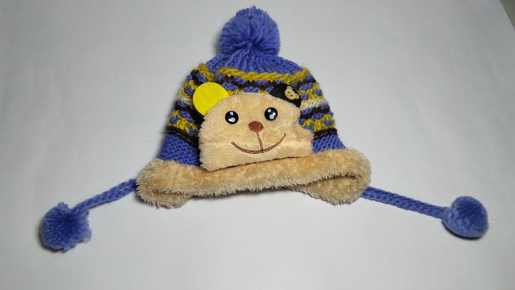 Purple and Blue Baby Winter Hat with Teddy Bear Face and Pom Poms