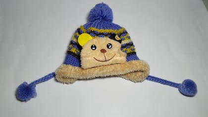 Purple and Blue Baby Winter Hat with Teddy Bear Face and Pom Poms Purple and Blue Baby Winter Hat with Teddy Bear Face and Pom Poms