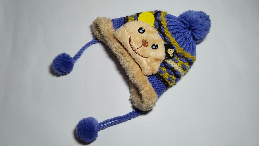 Purple and Blue Baby Winter Hat with Teddy Bear Face and Pom Poms