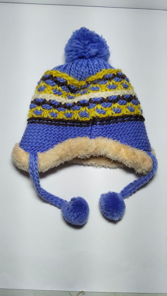 Purple and Blue Baby Winter Hat with Teddy Bear Face and Pom Poms
