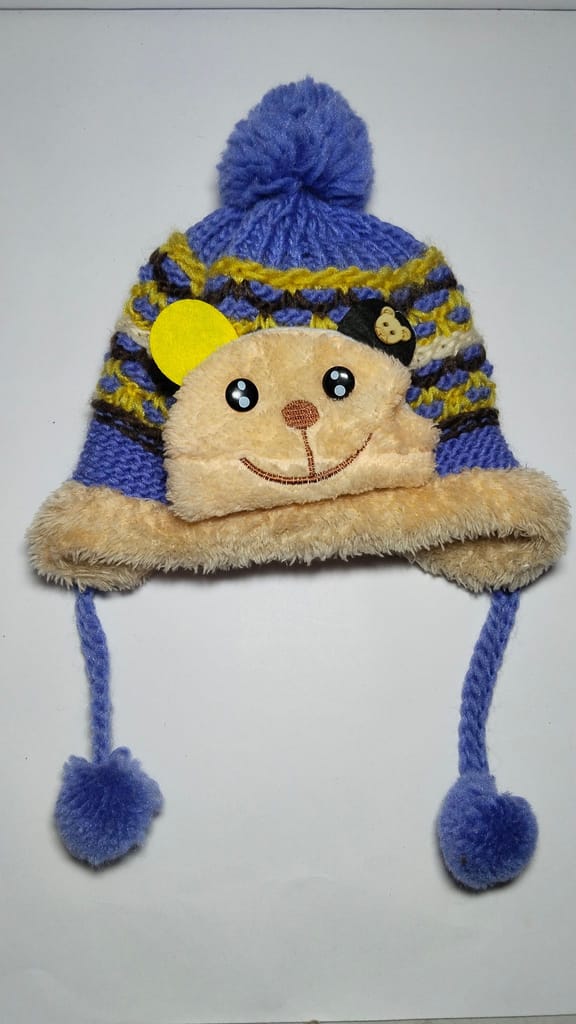 Purple and Blue Baby Winter Hat with Teddy Bear Face and Pom Poms
