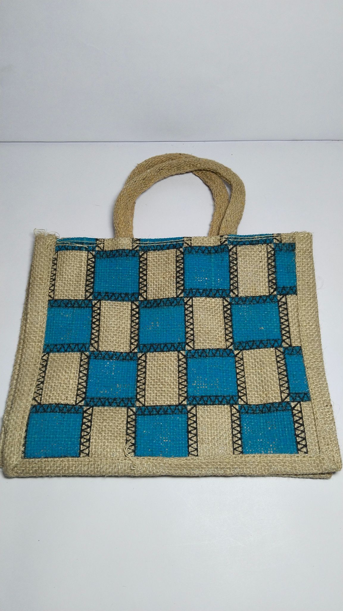 Handwoven Checkered Jute Tote Bag with Double Handles