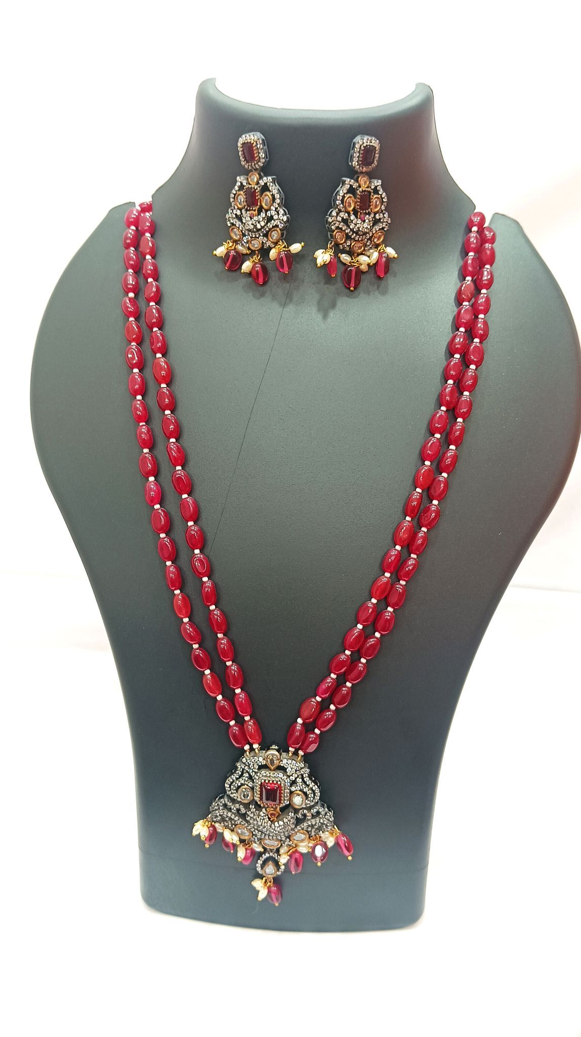 Red Beaded Necklace Set with Stone Pendant and Earrings
