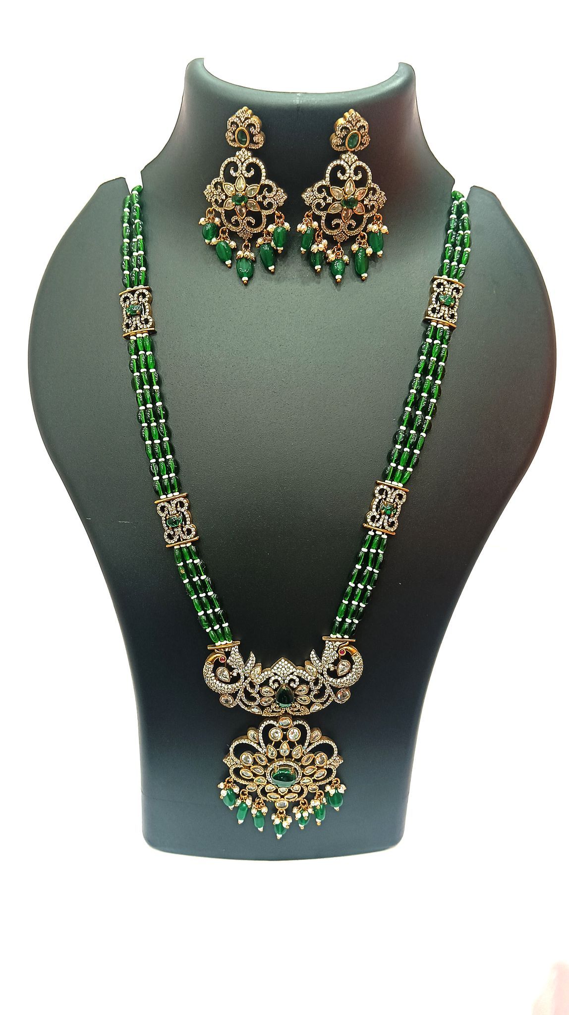 Green Beads Antique Gold Necklace Set