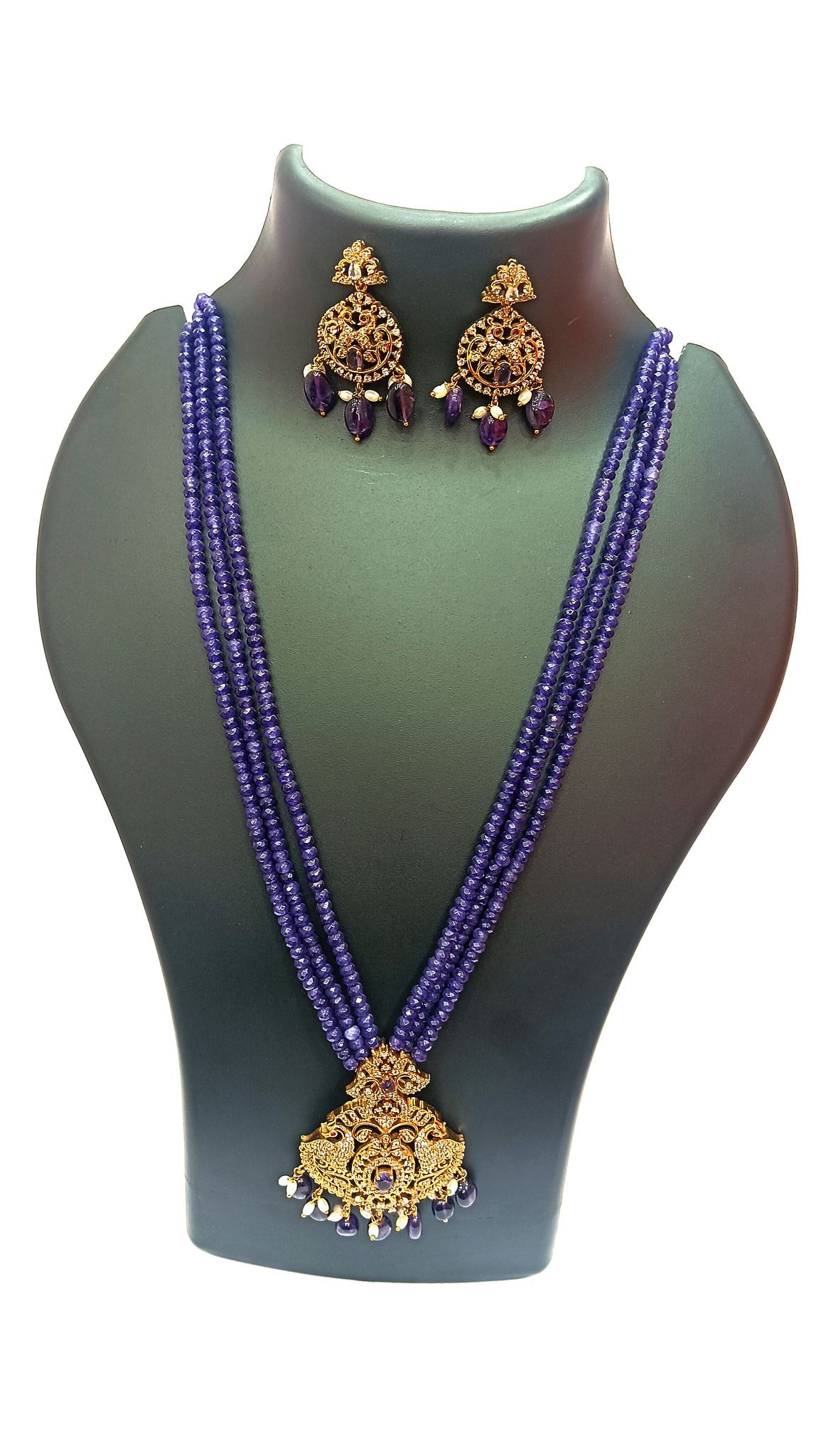 Royal Blue Beads Long Necklace with Kundan Pendant and Earrings Set