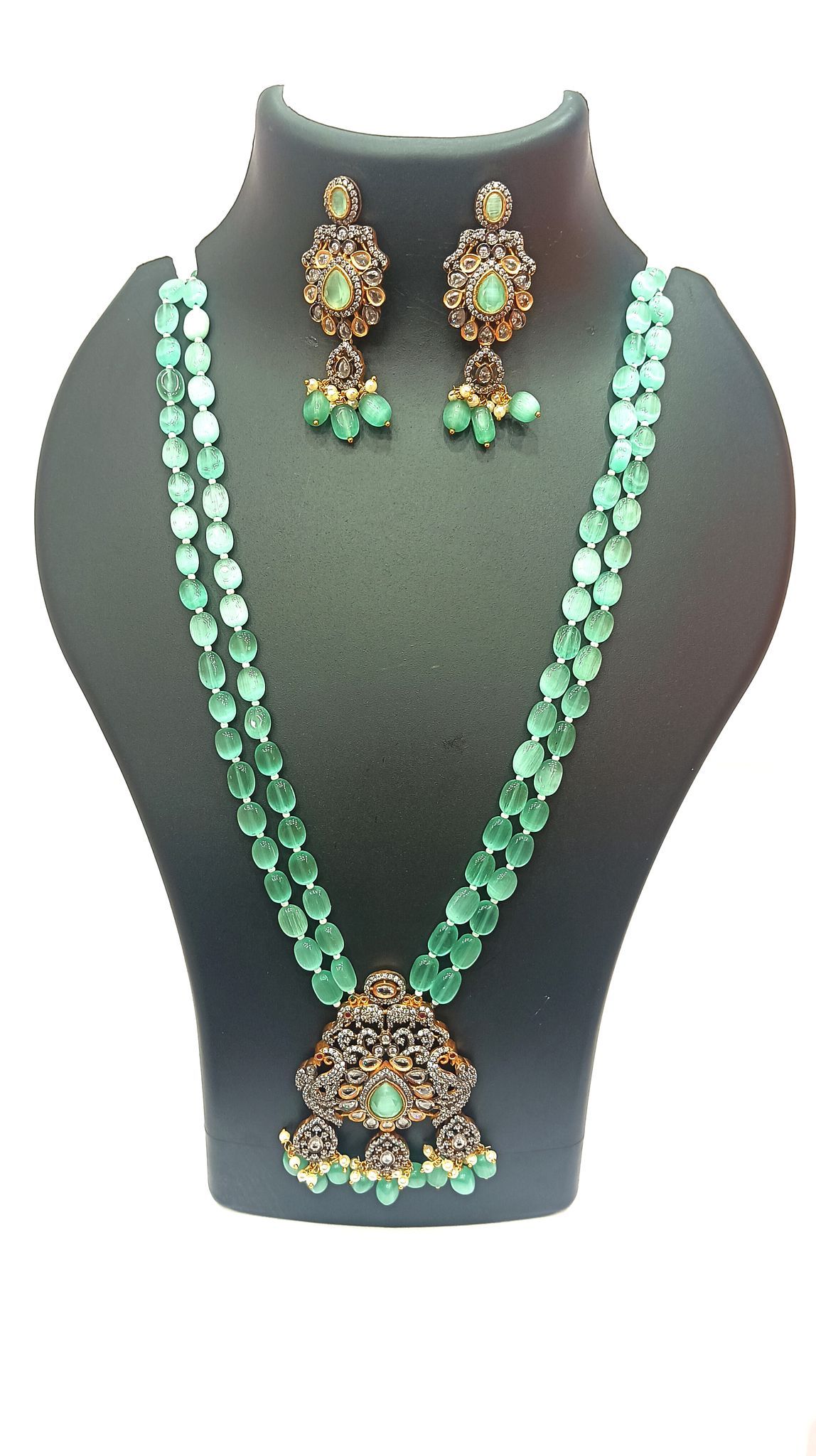 Green Stone Kundan Meenakari Necklace Set