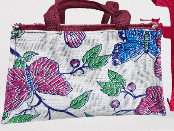 Small Floral Jute Tote Bag with Butterfly and Red Handles - Handbags | Buy online on ZillyBuy