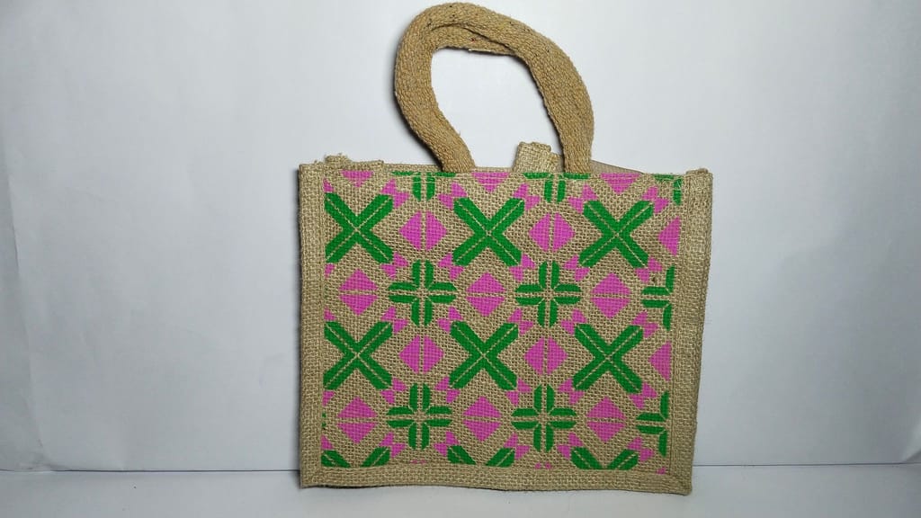 "Jute Bag with Pink and Green Geometric Print"