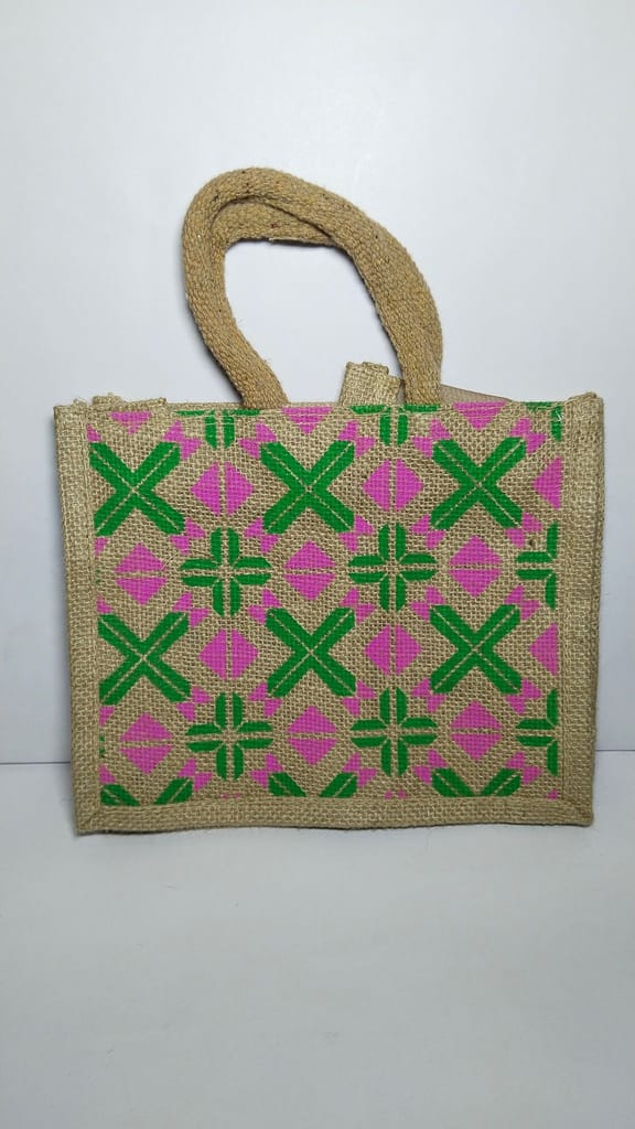 "Jute Bag with Pink and Green Geometric Print"