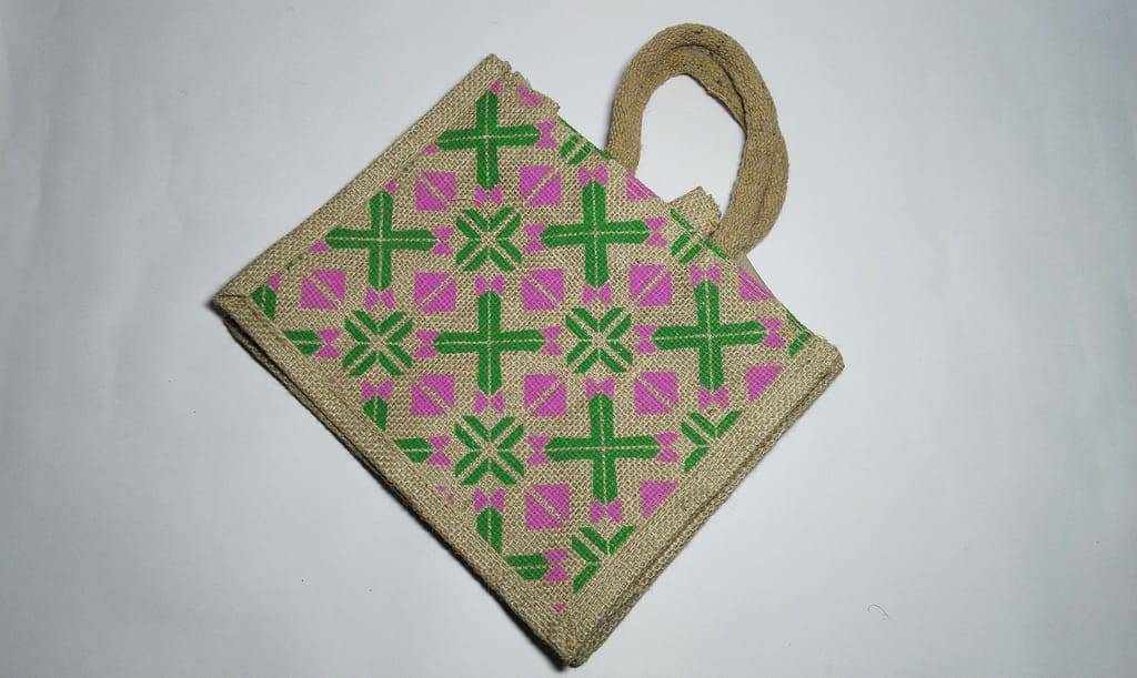 "Jute Bag with Pink and Green Geometric Print"