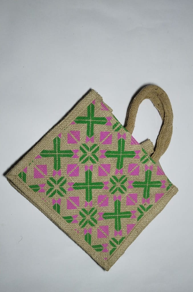 "Jute Bag with Pink and Green Geometric Print"