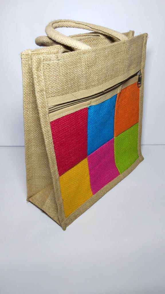 Jute Tote Bag with Colorful Patchwork Design