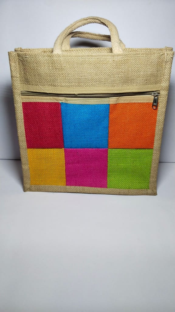 Jute Tote Bag with Colorful Patchwork Design