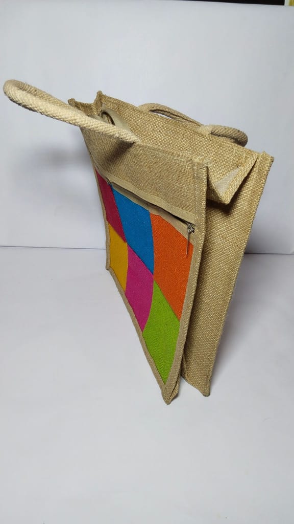 Jute Tote Bag with Colorful Patchwork Design