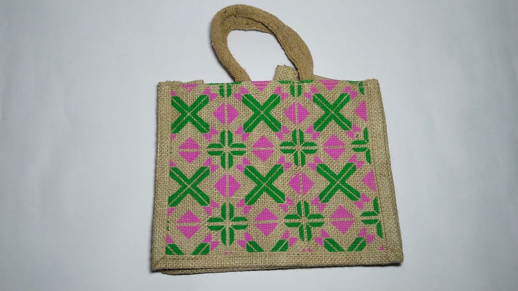"Jute Bag with Pink and Green Geometric Print"