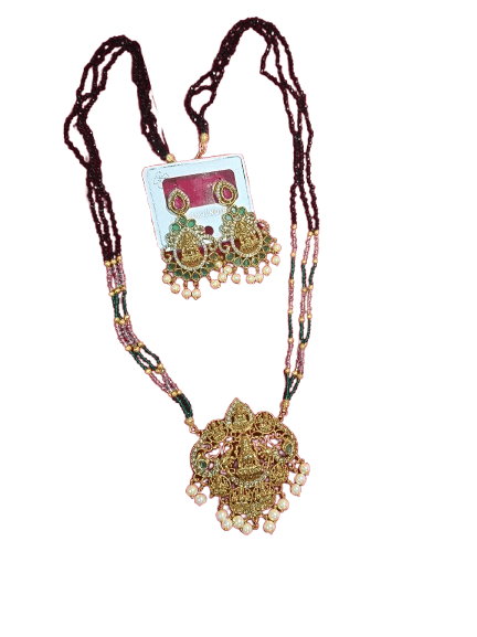 Gold-plated, long traditional haram with matching earrings - Jewellery Sets | Buy online on ZillyBuy