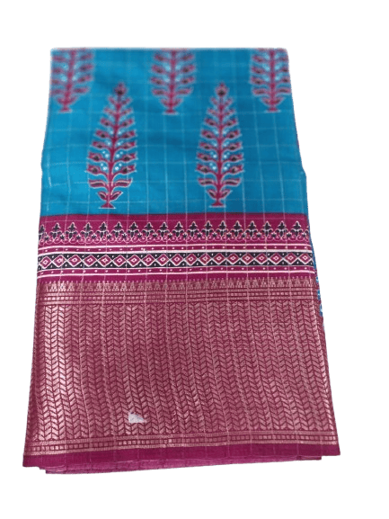Blue and maroon cotton silk saree with zari border  5.5 meters with combined blouse - Sarees | Buy online on ZillyBuy