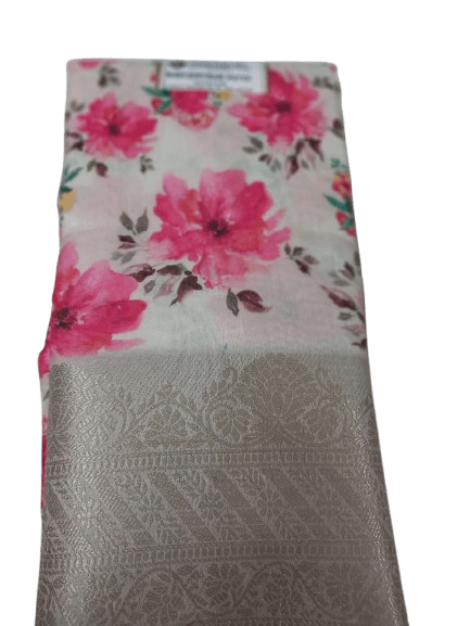 Cream and Pink Floral Saree With Silver Zari Border 6 meters with combined blouse - Sarees | Buy online on ZillyBuy