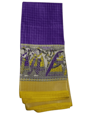 Purple Handloom Cotton Saree With Madhubani Print Work And Blouse Piece