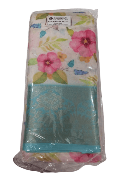 White Floral Saree with Blue Border  5.5 meters with combined blouse - Sarees | Buy online on ZillyBuy