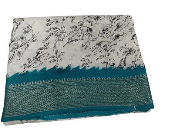 White and Blue Floral Saree with Zari Border  5.5 meters with combined blouse - Sarees | Buy online on ZillyBuy