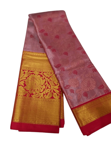 Pink and gold zari woven Kanjivaram silk saree with red border 5.5 meters with combined blouse - Sarees | Buy online on ZillyBuy