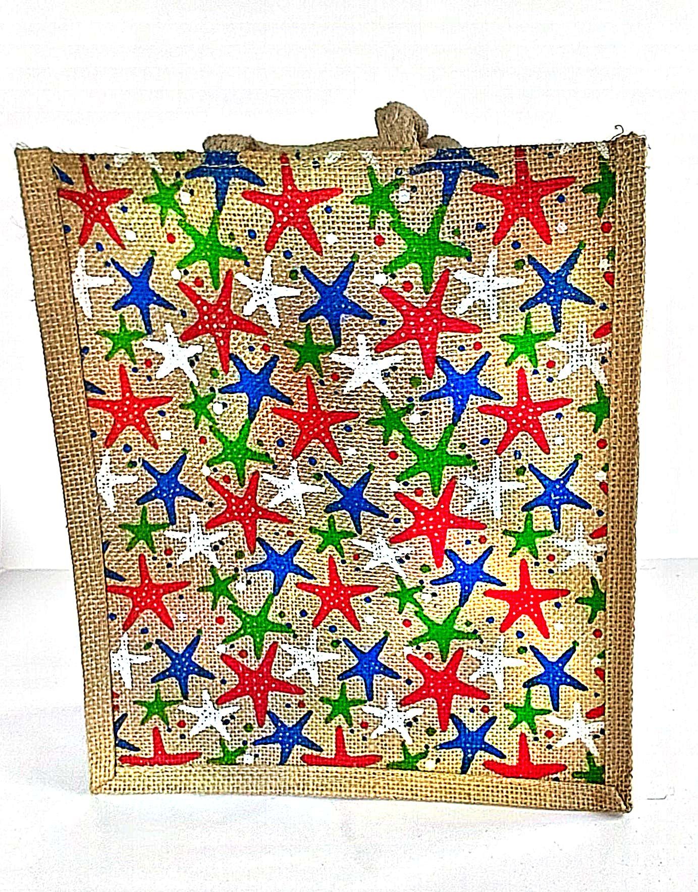 Colorful starfish printed jute tote bag