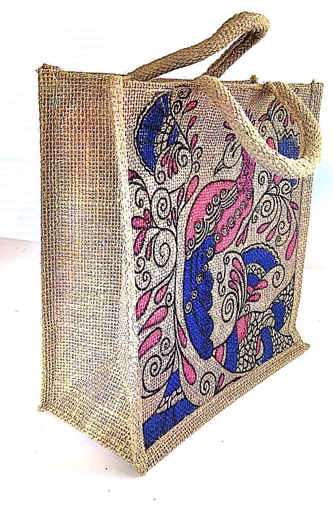 Peacock Print Jute Tote Bag