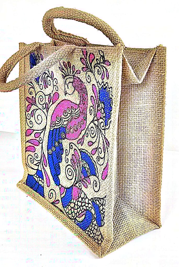 Peacock Print Jute Tote Bag