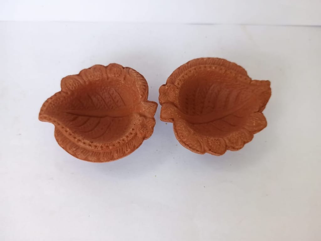 Handmade Clay Diya | Set of 2 | Leaf Design | for Diwali Decoration and Gifting - Pooja Needs | Buy online on ZillyBuy