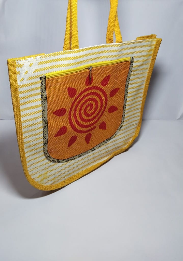 **Jute Tote Bag with Red Sun Design**