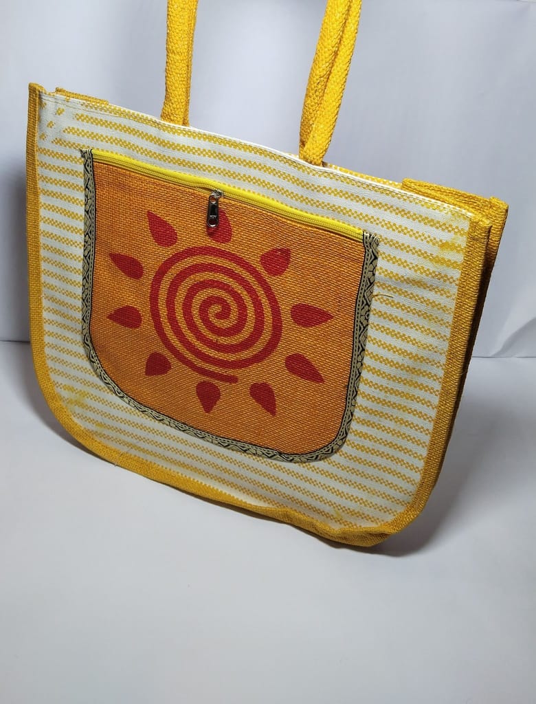 **Jute Tote Bag with Red Sun Design**