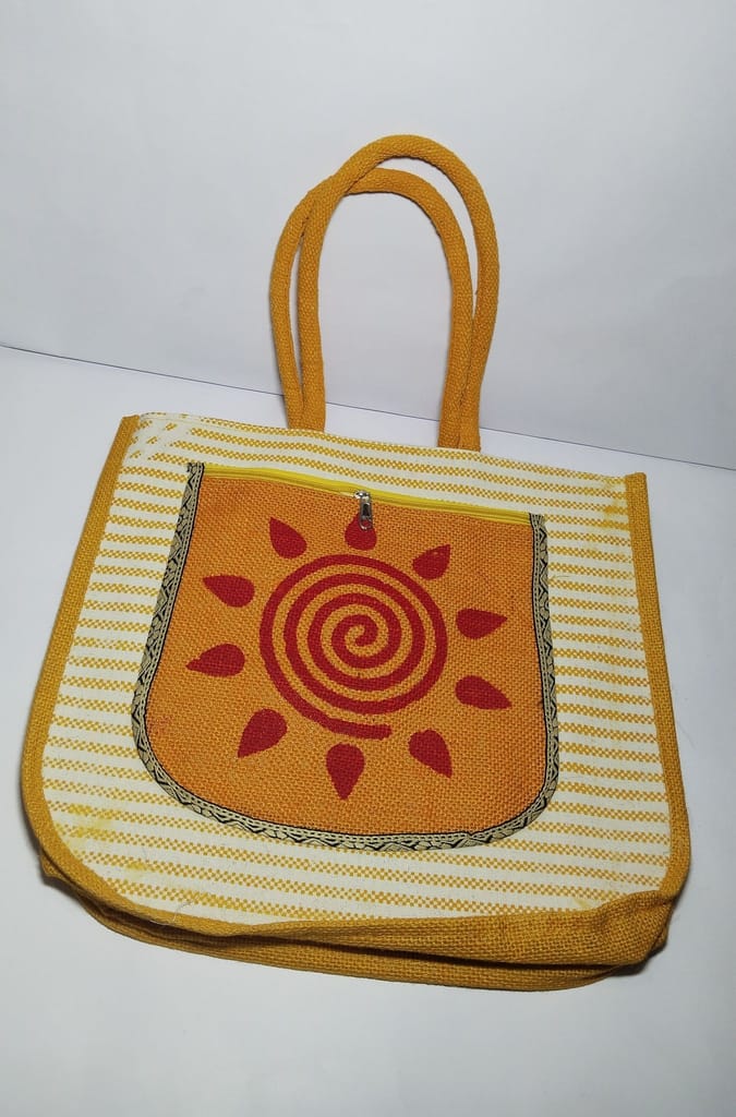 **Jute Tote Bag with Red Sun Design**