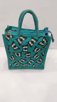 Blue butterfly jute tote bag