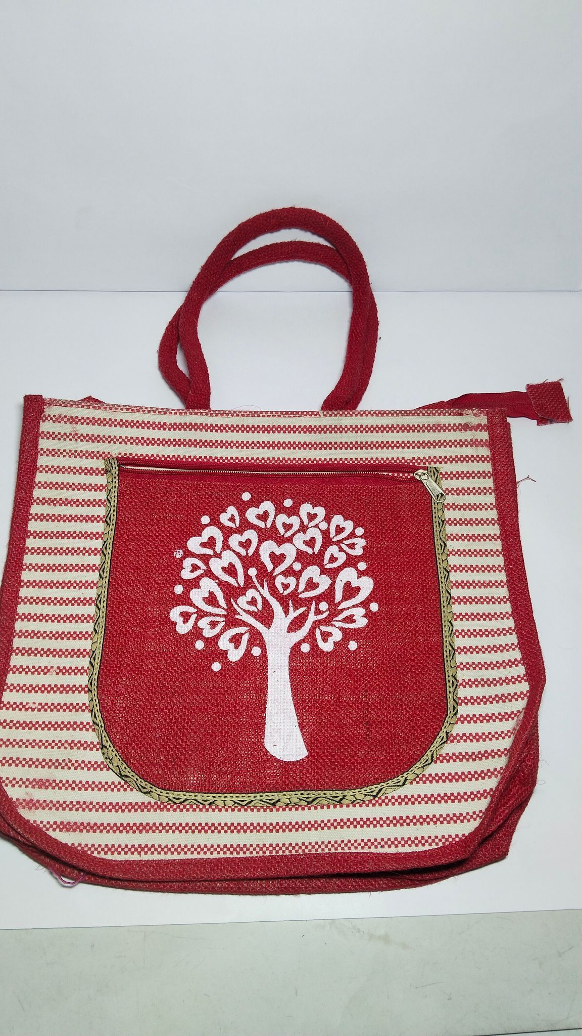 Red and White Jute Tote Bag with Tree of Hearts Design