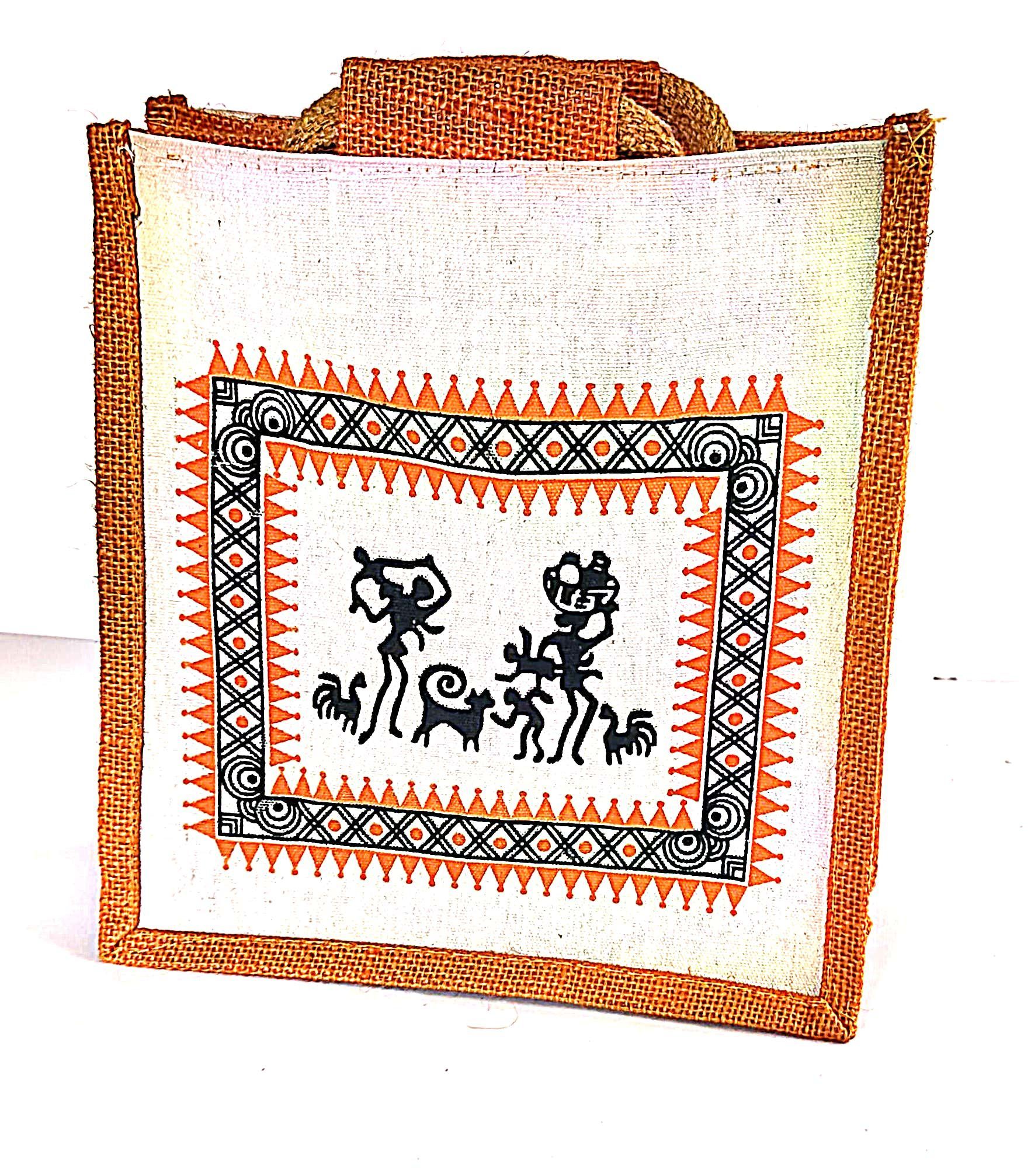 Handmade Jute Lunch Bag with Warli Painting