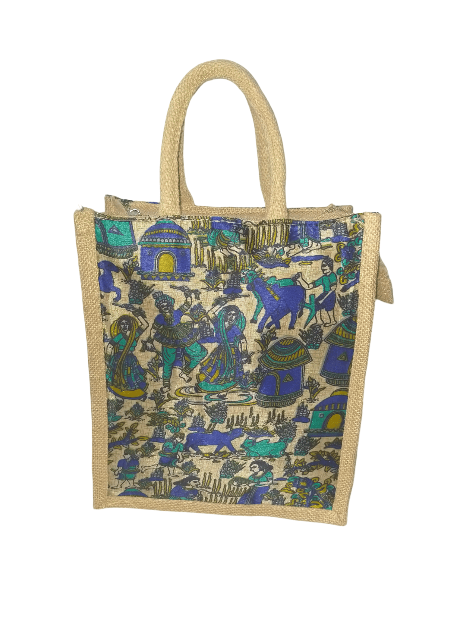 Handmade Jute Lunch Bag with Colorful Indian Village Scene