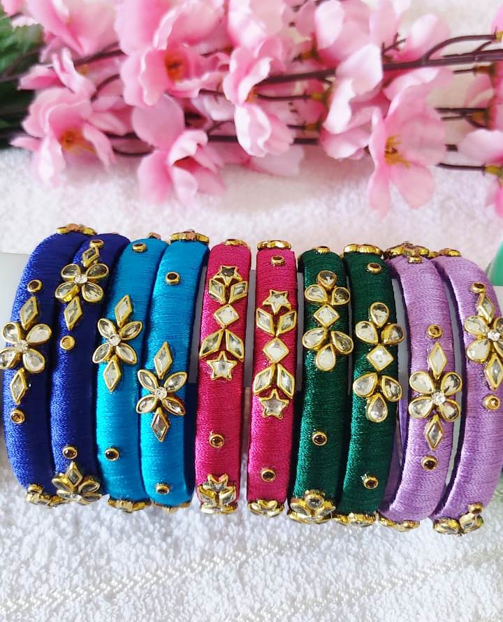 Set of 5 Silk Thread Bangles with Kundan Stones Multi colours Bangles- ( Set of 5 ) - Bangles & Bracelets | Buy online on ZillyBuy