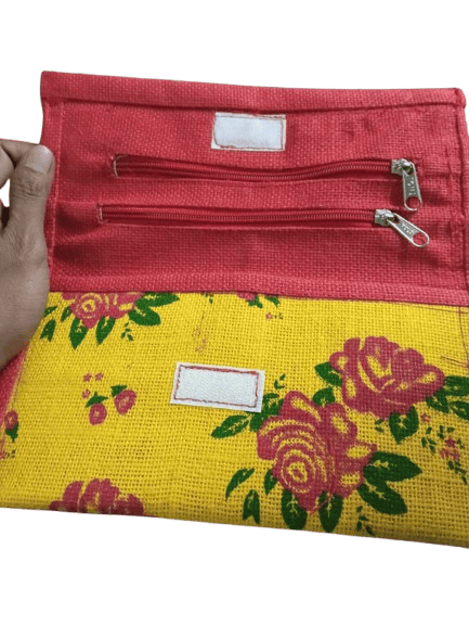 Handmade Jute Clutch with Dual Zipper Compartment and Floral Print - Handbags | Buy online on ZillyBuy