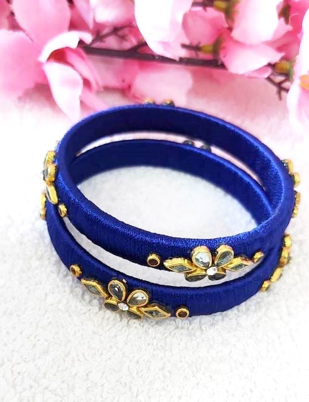 Blue Silk Thread Bangle Set with Kundan Stones - Bangles & Bracelets | Buy online on ZillyBuy