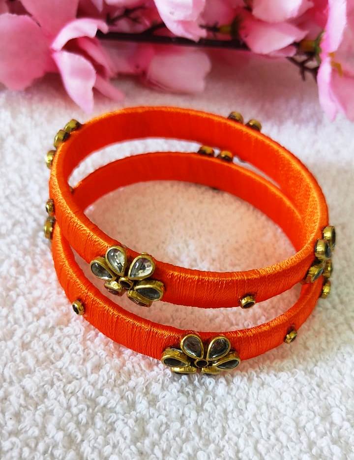 Orange Silk Thread Bangle Set with Kundan Stones - Bangles & Bracelets | Buy online on ZillyBuy