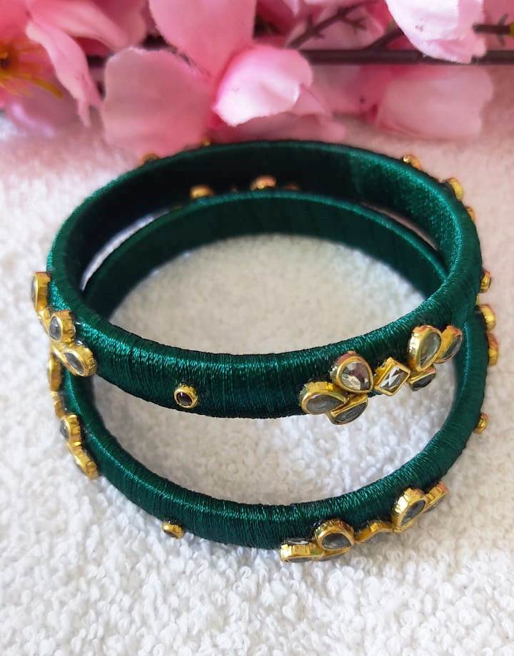 Green Silk Thread Bangle Set with Kundan Stones - Bangles & Bracelets | Buy online on ZillyBuy