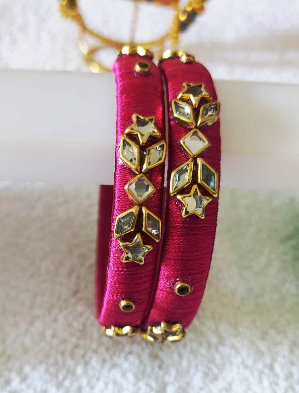 Pink Silk Thread Bangle Set with Kundan Stones