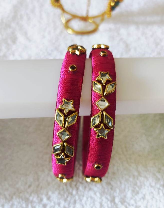 Pink Silk Thread Bangle Set with Kundan Stones