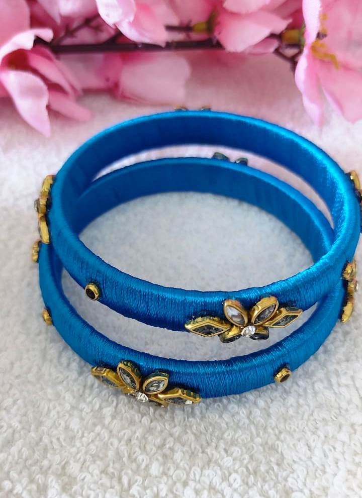 Blue Silk Thread Bangle Set with Rhinestone Flower Design - Bangles & Bracelets | Buy online on ZillyBuy