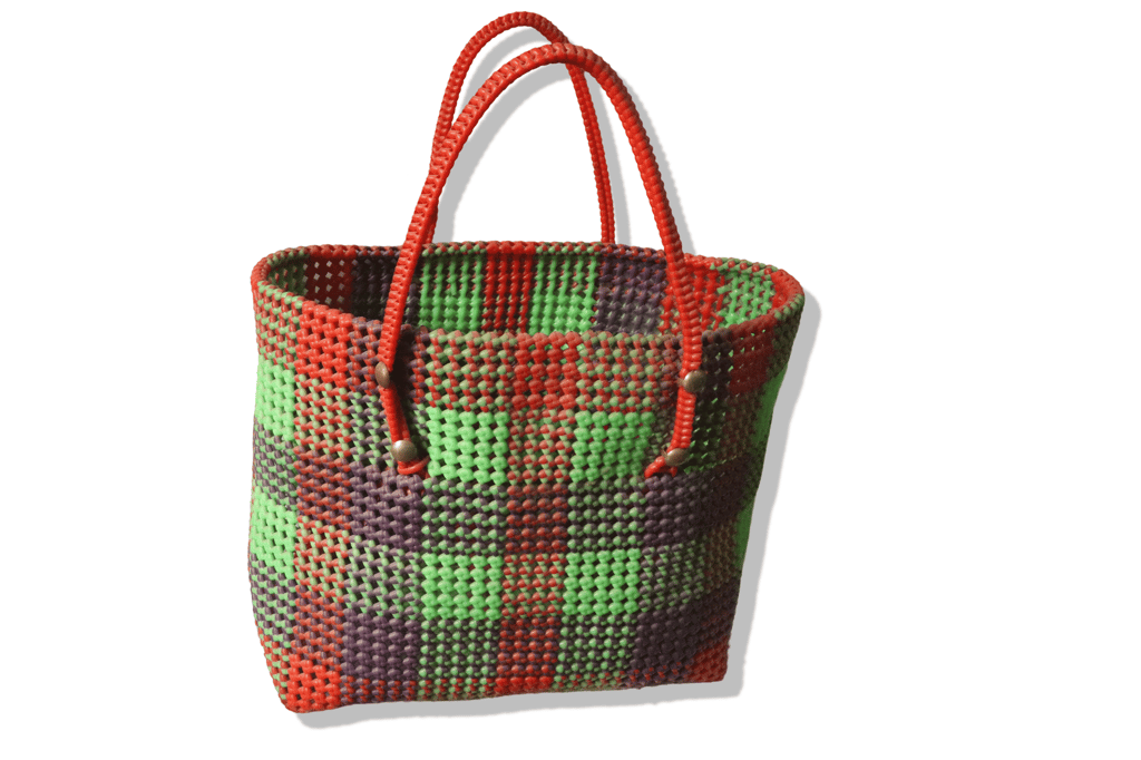 Colorful Handwoven Market Tote Bag with Red Handles
