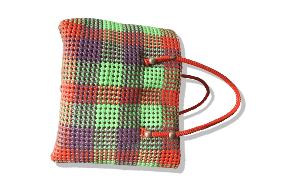Colorful Handwoven Market Tote Bag with Red Handles